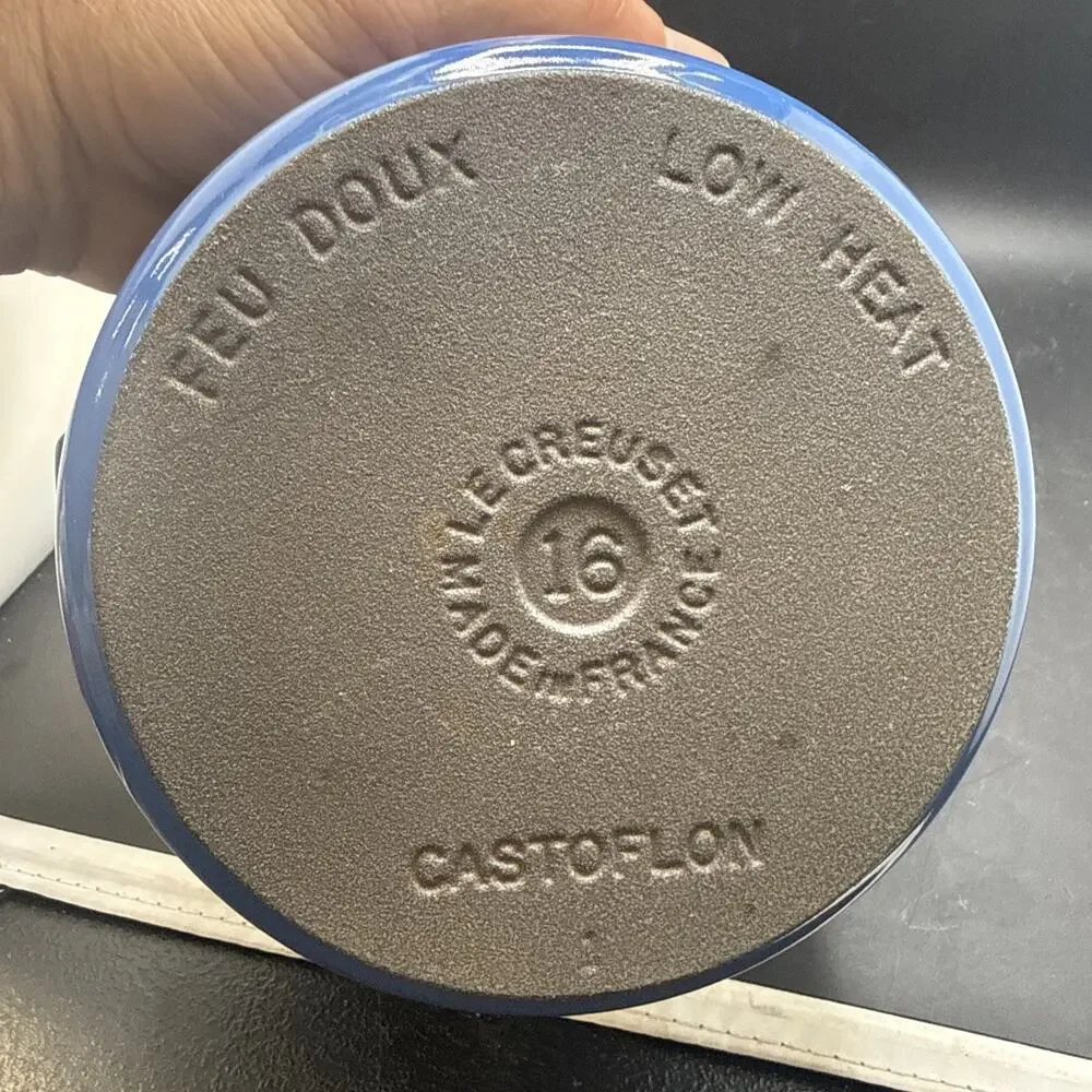 Vintage Le Creuset #16 Saucepan Blue Cast Iron Wood Handle Lid Made in France